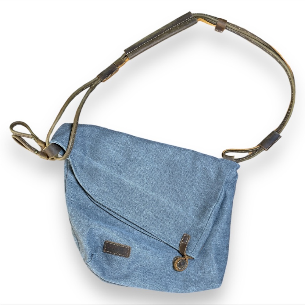 Tom Clovers Womens Gray Canvas Leather Strap Lined Messenger Crossbody Tote Bag